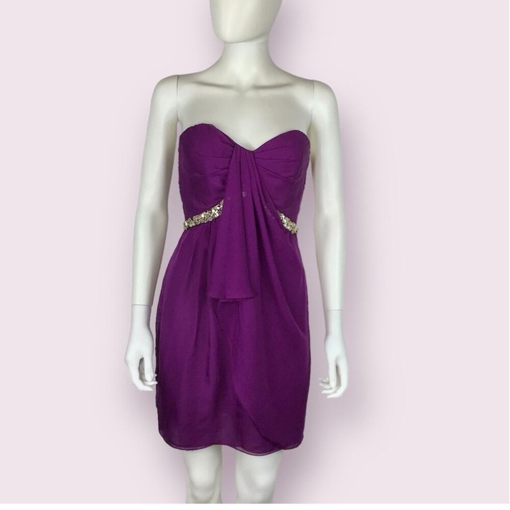 Badgley Mischka Silk Evening Dress Purple & Silver Evening Strapless Size 0